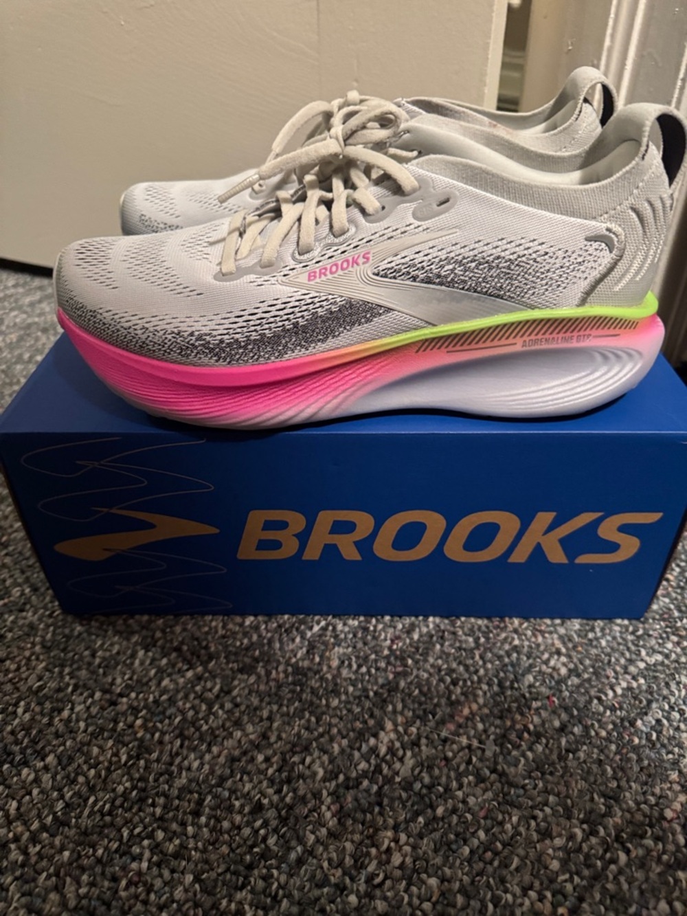 Brooks White Running Shoes with Pink and Neon Green Gradient Midsole